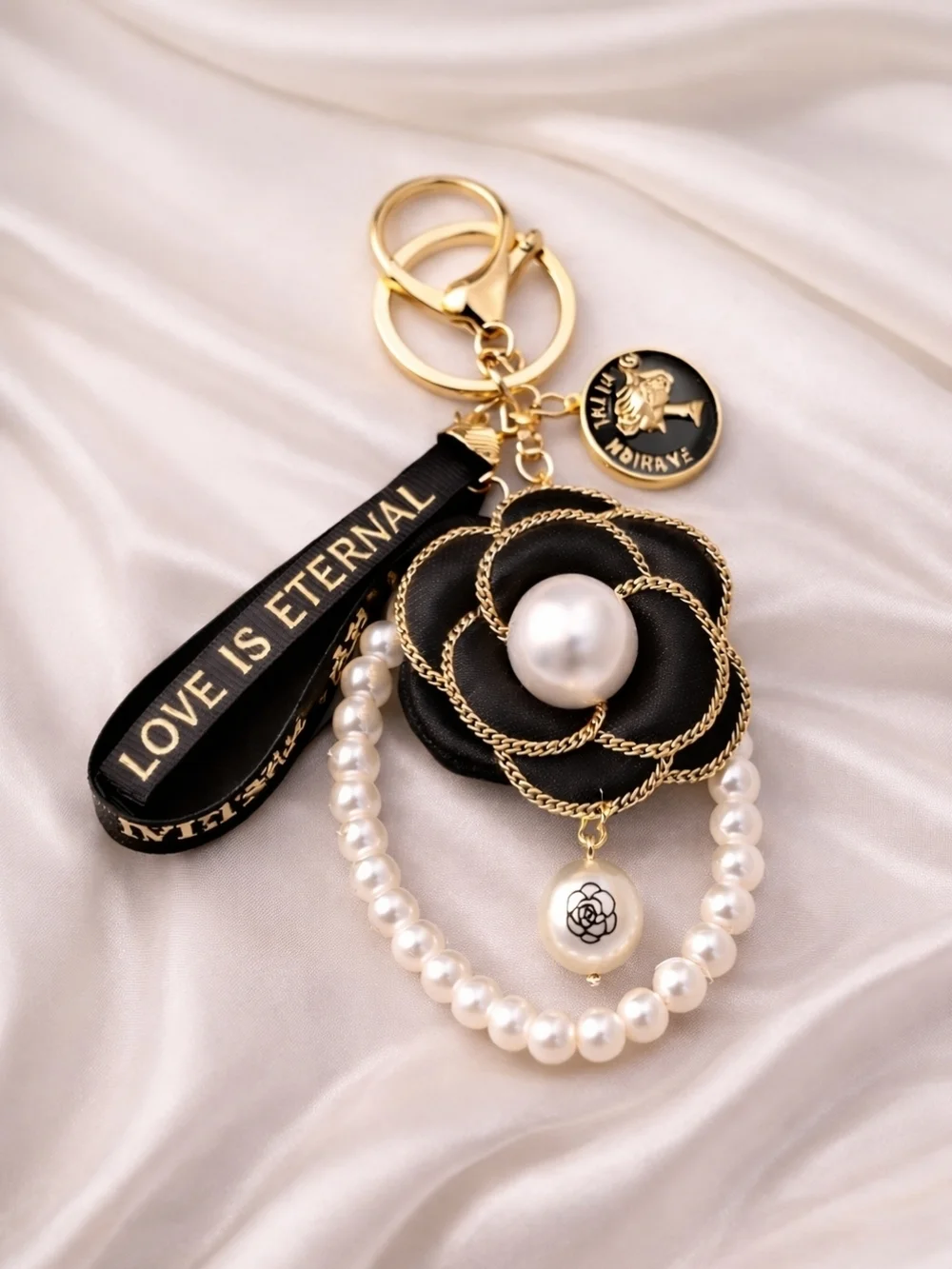 Black Camellia Floral Keychain / Bag Charm with Pearl Accents